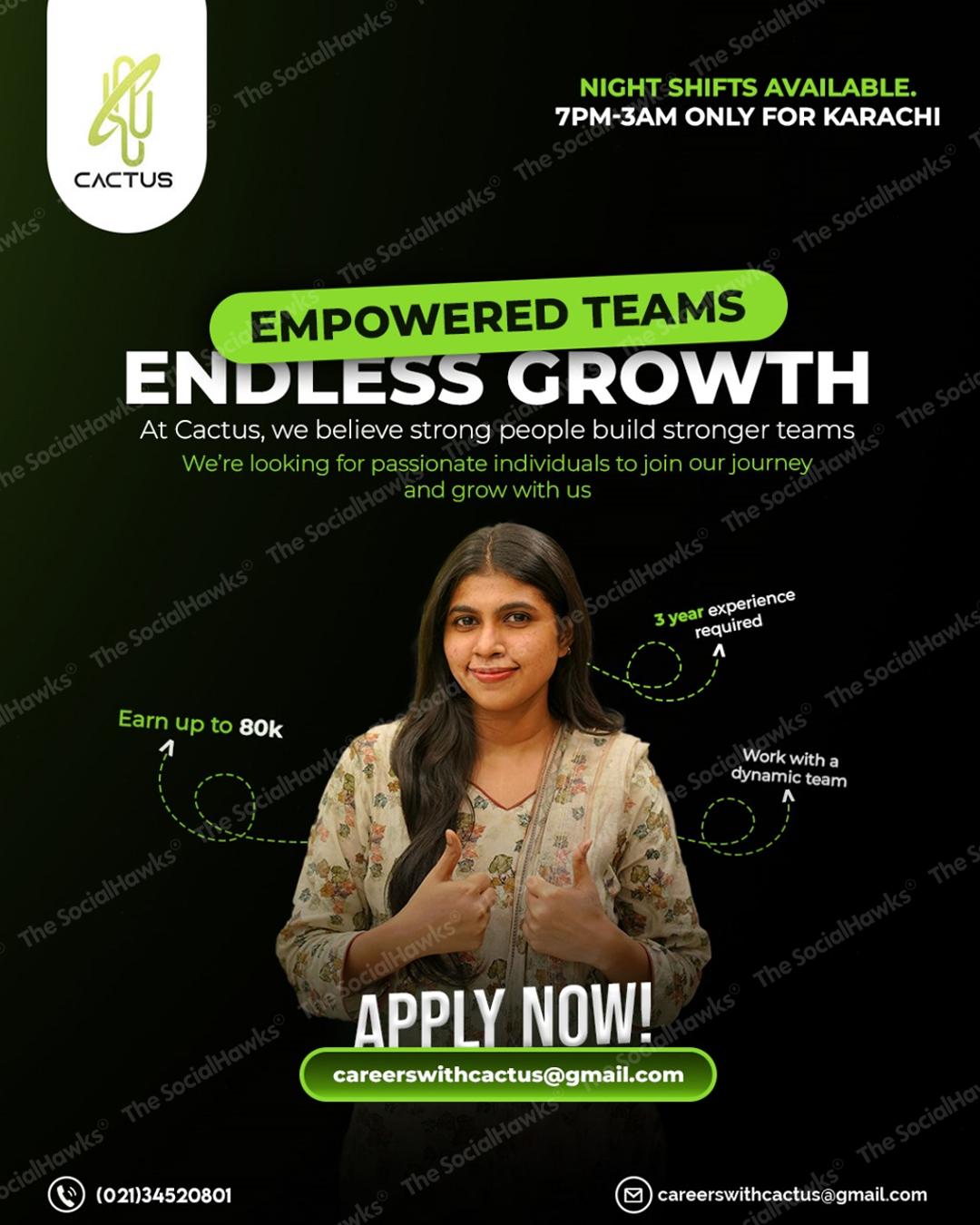Cactus BPO empowered teams ad with confident woman giving thumbs up
